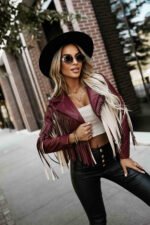 624-2 Short jacket with fringes made of soft eco-leather - burgundy-5