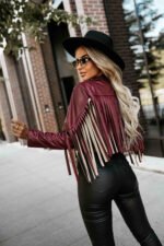 624-2 Short jacket with fringes made of soft eco-leather - burgundy-4