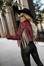 624-2 Short jacket with fringes made of soft eco-leather - burgundy-4