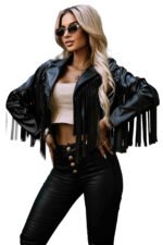 624-3 Short biker jacket with fringes made of soft eco leather - black-10