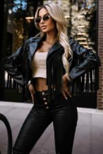 624-3 Short biker jacket with fringes made of soft eco leather - black-3