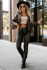 624-4 Short jacket with fringes made of soft eco-leather - chocolate-2