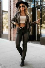 624-4 Short jacket with fringes made of soft eco-leather - chocolate-2