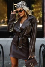 626-4 Soft eco-leather biker jacket with a belt and asymmetrical zipper - brown-1