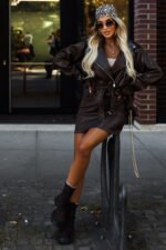 626-4 Soft eco-leather biker jacket with a belt and asymmetrical zipper - brown-7