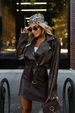 626-4 Soft eco-leather biker jacket with a belt and asymmetrical zipper - brown-5
