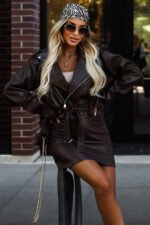 626-4 Soft eco-leather biker jacket with a belt and asymmetrical zipper - brown-4