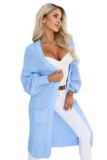 627-3 Long women's knit cardigan with pockets and puff sleeves - light blue-10