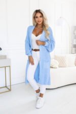 627-3 Long women's knit cardigan with pockets and puff sleeves - light blue-9