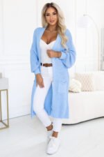 627-3 Long women's knit cardigan with pockets and puff sleeves - light blue-2