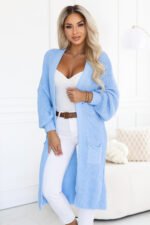 627-3 Long women's knit cardigan with pockets and puff sleeves - light blue-5