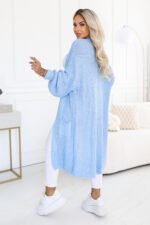 627-3 Long women's knit cardigan with pockets and puff sleeves - light blue-4