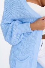 627-3 Long women's knit cardigan with pockets and puff sleeves - light blue-8