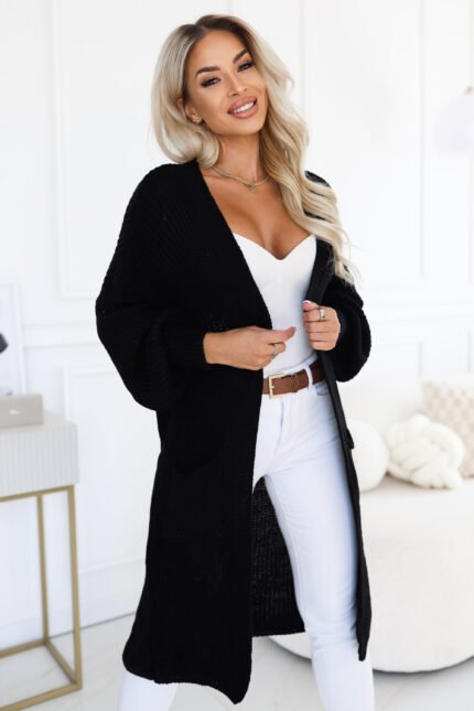 627-4 Long women's knit cardigan with pockets and puff sleeves - black-1