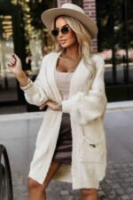 628-1 Fashionable oversized cardigan with a decorative brooch and practical pockets - beige-1