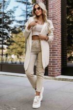 629-1 Comfortable oversized cardigan with a hood and a stylish patch - beige-2