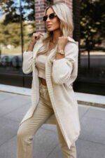 629-1 Comfortable oversized cardigan with a hood and a stylish patch - beige-1