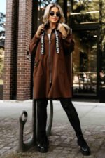 632-2 Casual coat with a zipper and fashionable details - chocolate-5