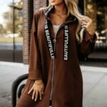 632-2 Casual coat with a zipper and fashionable details - chocolate-1