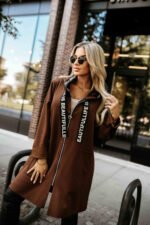 632-2 Casual coat with a zipper and fashionable details - chocolate-4