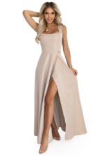 633-1 AURELIA long dress with a slit and a diamond neckline - beige with glitter-9