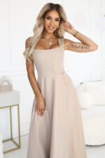 633-1 AURELIA long dress with a slit and a diamond neckline - beige with glitter-6