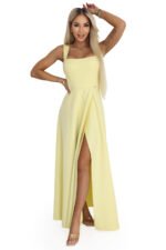 633-3 AURELIA Long Wedding Dress with Slit and Diamond Neckline - Butter Yellow with Glitter-13