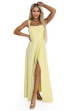 633-3 AURELIA Long Wedding Dress with Slit and Diamond Neckline - Butter Yellow with Glitter-13