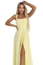 633-3 AURELIA Long Wedding Dress with Slit and Diamond Neckline - Butter Yellow with Glitter-14