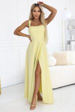 633-3 AURELIA Long Wedding Dress with Slit and Diamond Neckline - Butter Yellow with Glitter-6