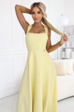633-3 AURELIA Long Wedding Dress with Slit and Diamond Neckline - Butter Yellow with Glitter-3