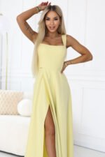 633-3 AURELIA Long Wedding Dress with Slit and Diamond Neckline - Butter Yellow with Glitter-5