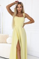 633-3 AURELIA Long Wedding Dress with Slit and Diamond Neckline - Butter Yellow with Glitter-5