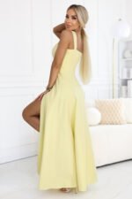 633-3 AURELIA Long Wedding Dress with Slit and Diamond Neckline - Butter Yellow with Glitter-4