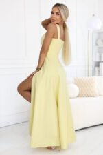 633-3 AURELIA Long Wedding Dress with Slit and Diamond Neckline - Butter Yellow with Glitter-4