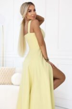 633-3 AURELIA Long Wedding Dress with Slit and Diamond Neckline - Butter Yellow with Glitter-7