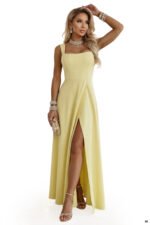 633-3 AURELIA Long Wedding Dress with Slit and Diamond Neckline - Butter Yellow with Glitter-11