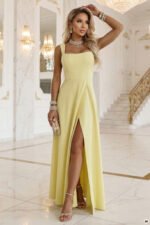633-3 AURELIA Long Wedding Dress with Slit and Diamond Neckline - Butter Yellow with Glitter-1