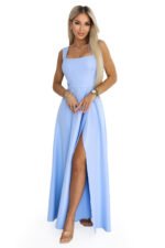 633-4 AURELIA Long Maxi Dress with Slit and Diamond Neckline - Sky Blue with Glitter-9