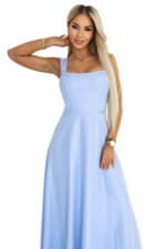 633-4 AURELIA Long Maxi Dress with Slit and Diamond Neckline - Sky Blue with Glitter-10