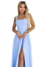 633-4 AURELIA Long Maxi Dress with Slit and Diamond Neckline - Sky Blue with Glitter-12