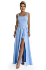 633-4 AURELIA Long Maxi Dress with Slit and Diamond Neckline - Sky Blue with Glitter-11