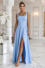 633-4 AURELIA Long Maxi Dress with Slit and Diamond Neckline - Sky Blue with Glitter-4
