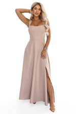633-5 AURELIA Long dress with a slit and square neckline - dark beige with glitter-8