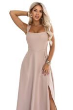 633-5 AURELIA Long dress with a slit and square neckline - dark beige with glitter-9