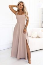 633-5 AURELIA Long dress with a slit and square neckline - dark beige with glitter-1