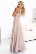 633-5 AURELIA Long dress with a slit and square neckline - dark beige with glitter-3