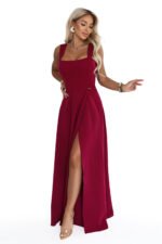 633-6 AURELIA Long dress with a leg slit and square neckline - burgundy-12