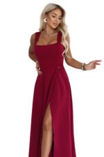 633-6 AURELIA Long dress with a leg slit and square neckline - burgundy-13