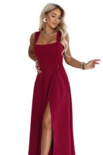 633-6 AURELIA Long dress with a leg slit and square neckline - burgundy-13